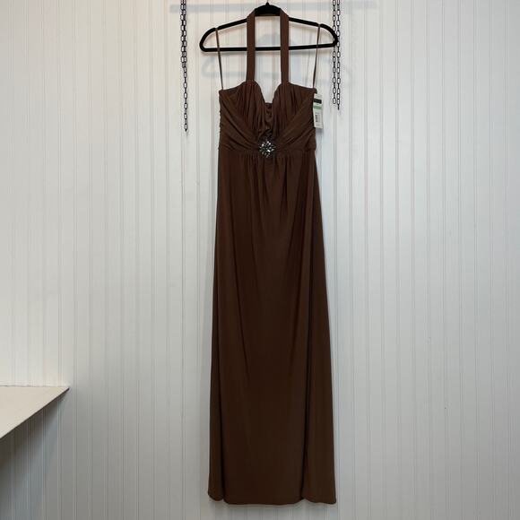 NWT Cachet Women’s Brown Rhinestones Halter Evening Maxi Dress Size 8 - Picture 1 of 6